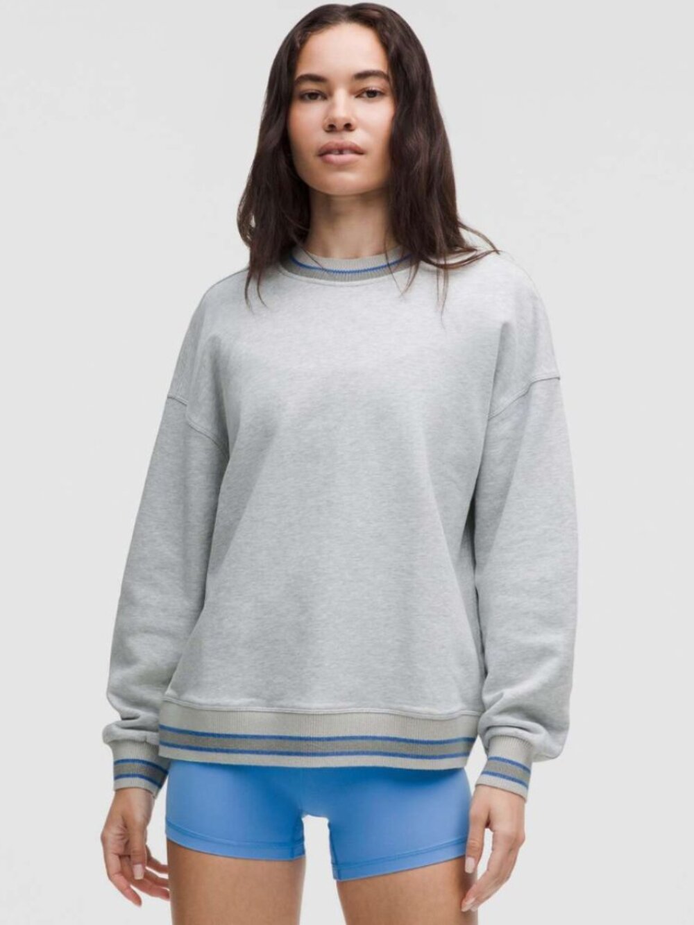 Lululemon Perfectly Oversized Ringer Crew Heathered Light Grey/Pool Party XS